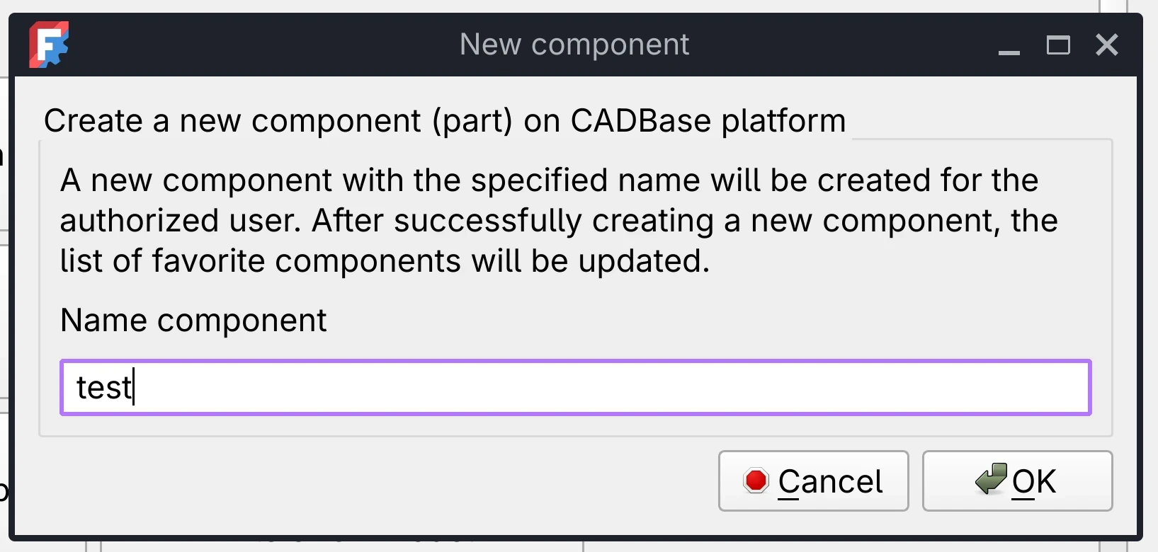 Dialog window for adding New component with name input field