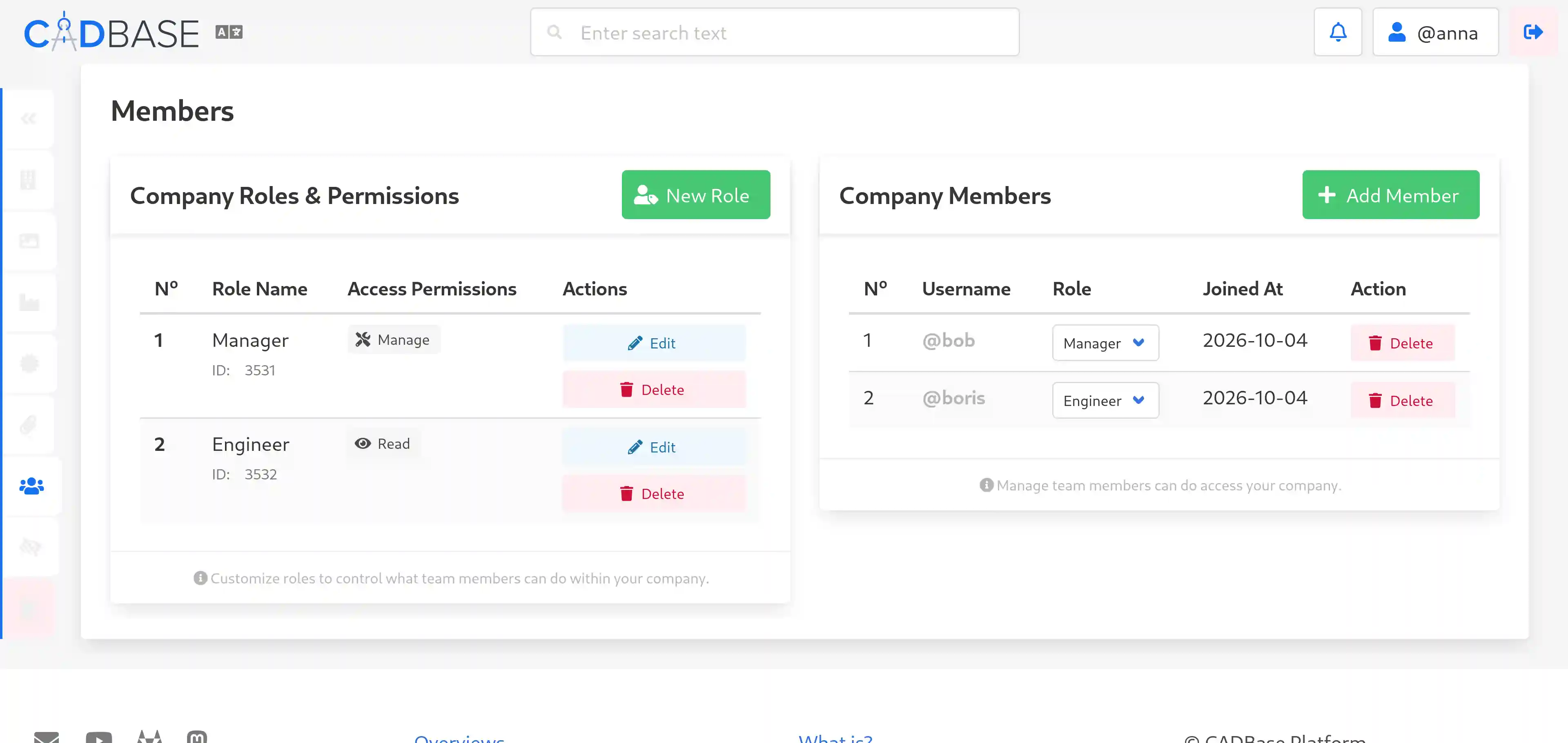 Populated roles and members section of a company