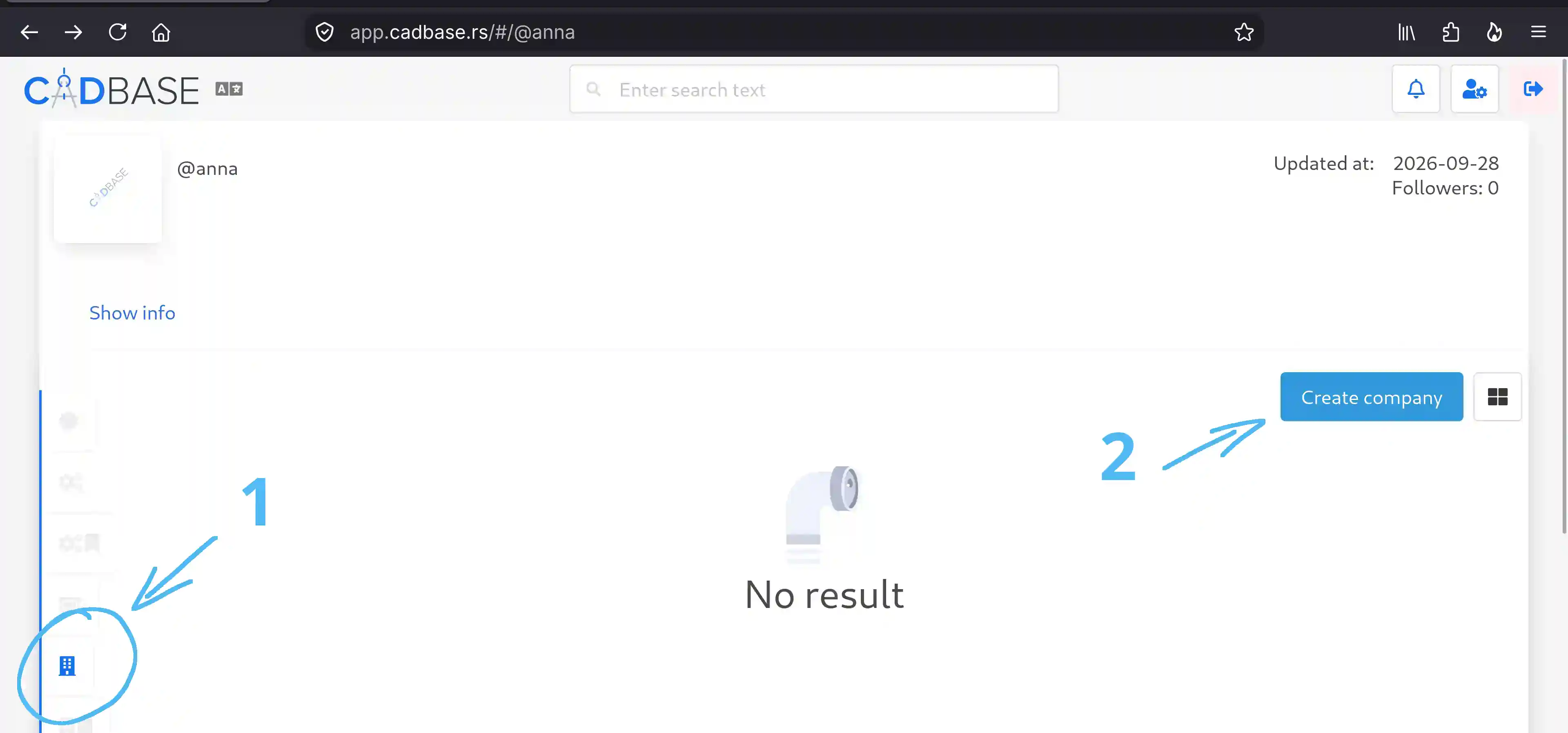 The 'Create company' button in the user profile