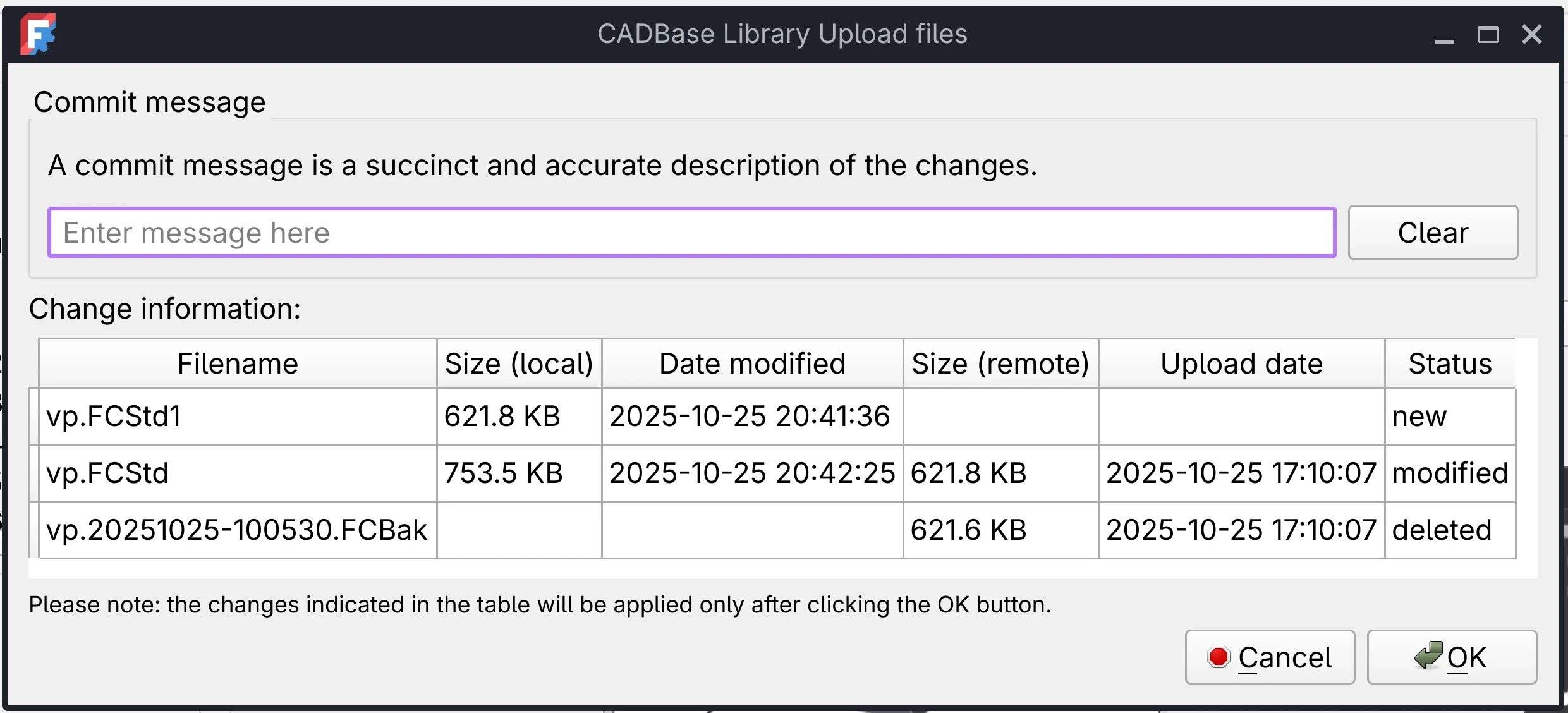 Dialog for sending data to CADBase remote storage: commit message and changes list