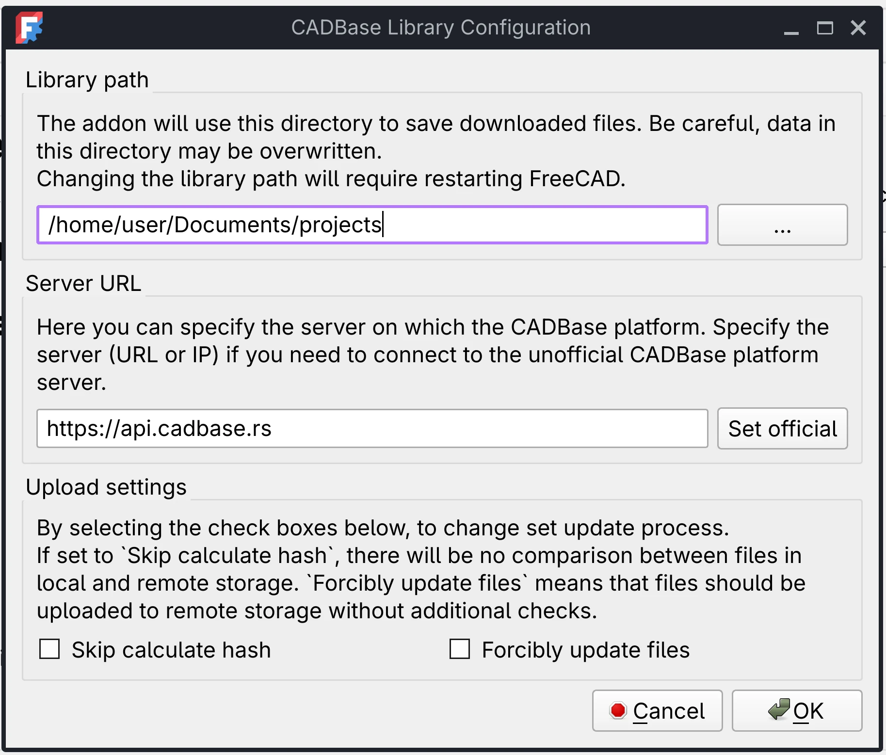 CADBase Library Addon Settings in FreeCAD